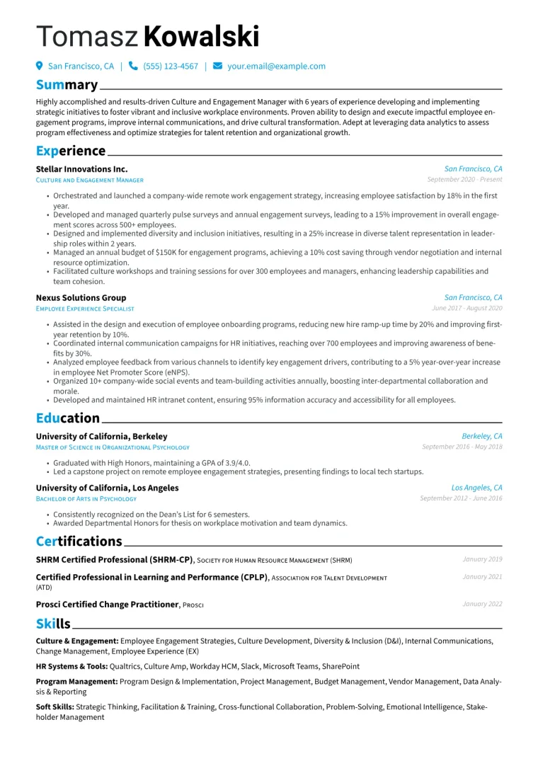 Culture and Engagement Manager Resume Example CV template preview