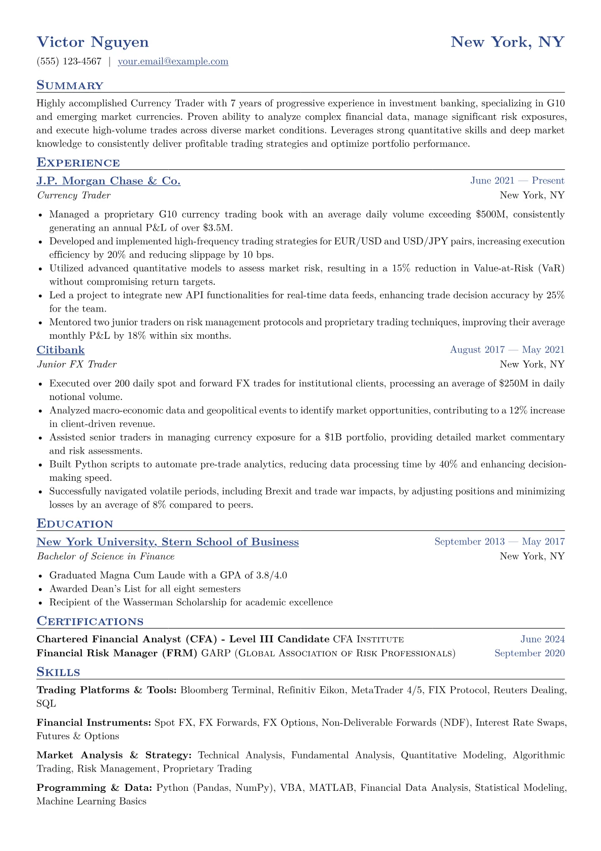 Currency Trader Resume Example CV template - Page 1