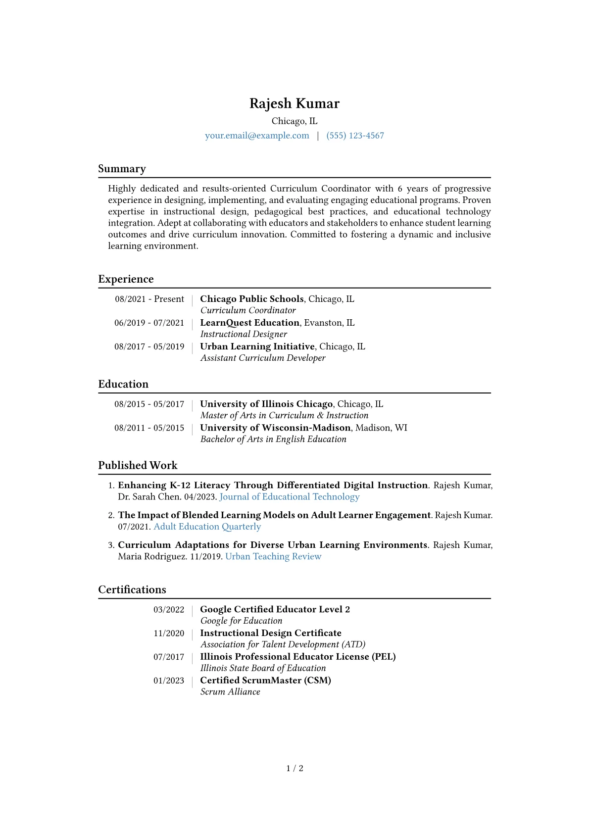 Curriculum Coordinator Resume Example CV template - Page 1
