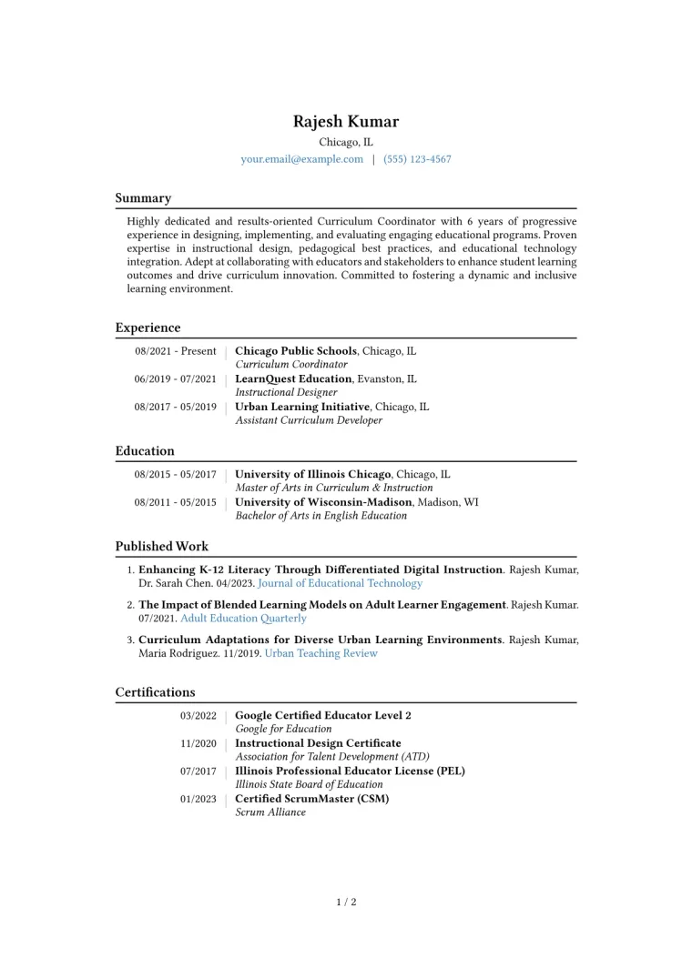 Curriculum Coordinator Resume Example CV template preview