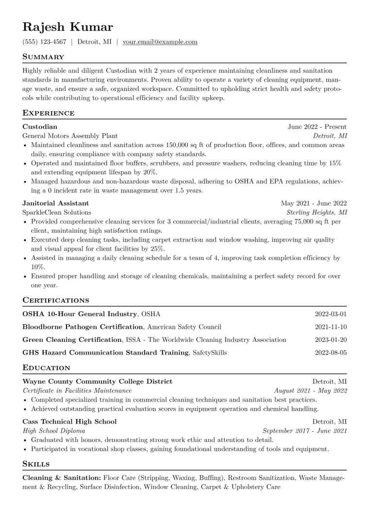 Custodian Resume Example CV template preview