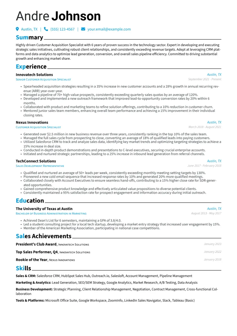 Customer Acquisition Specialist Resume Example CV template preview