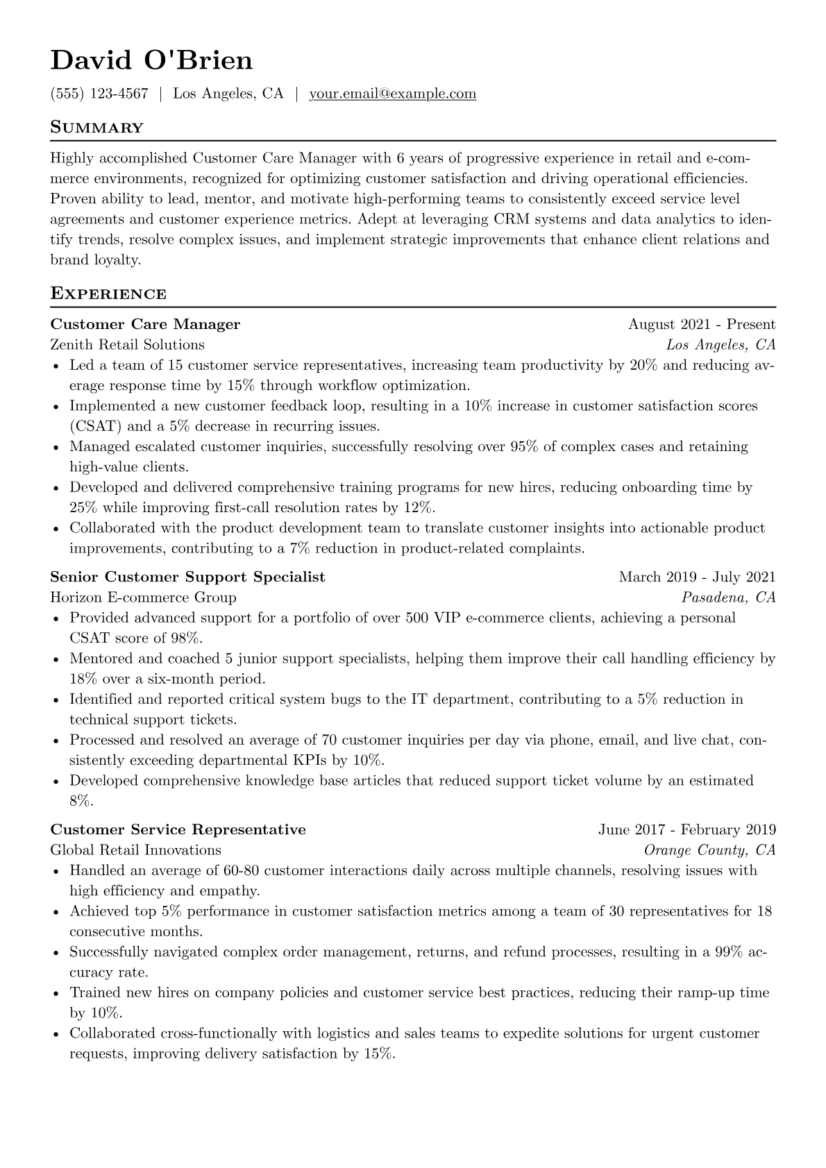 Customer Care Manager Resume Example CV template - Page 1