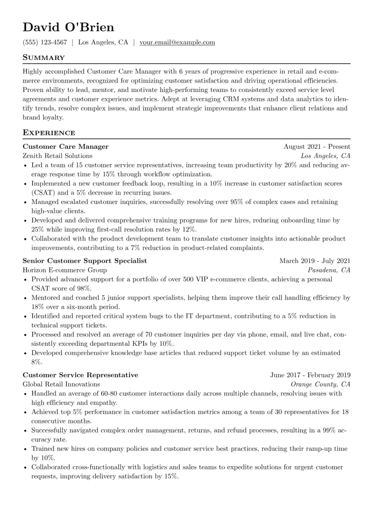 Customer Care Manager Resume Example CV template preview