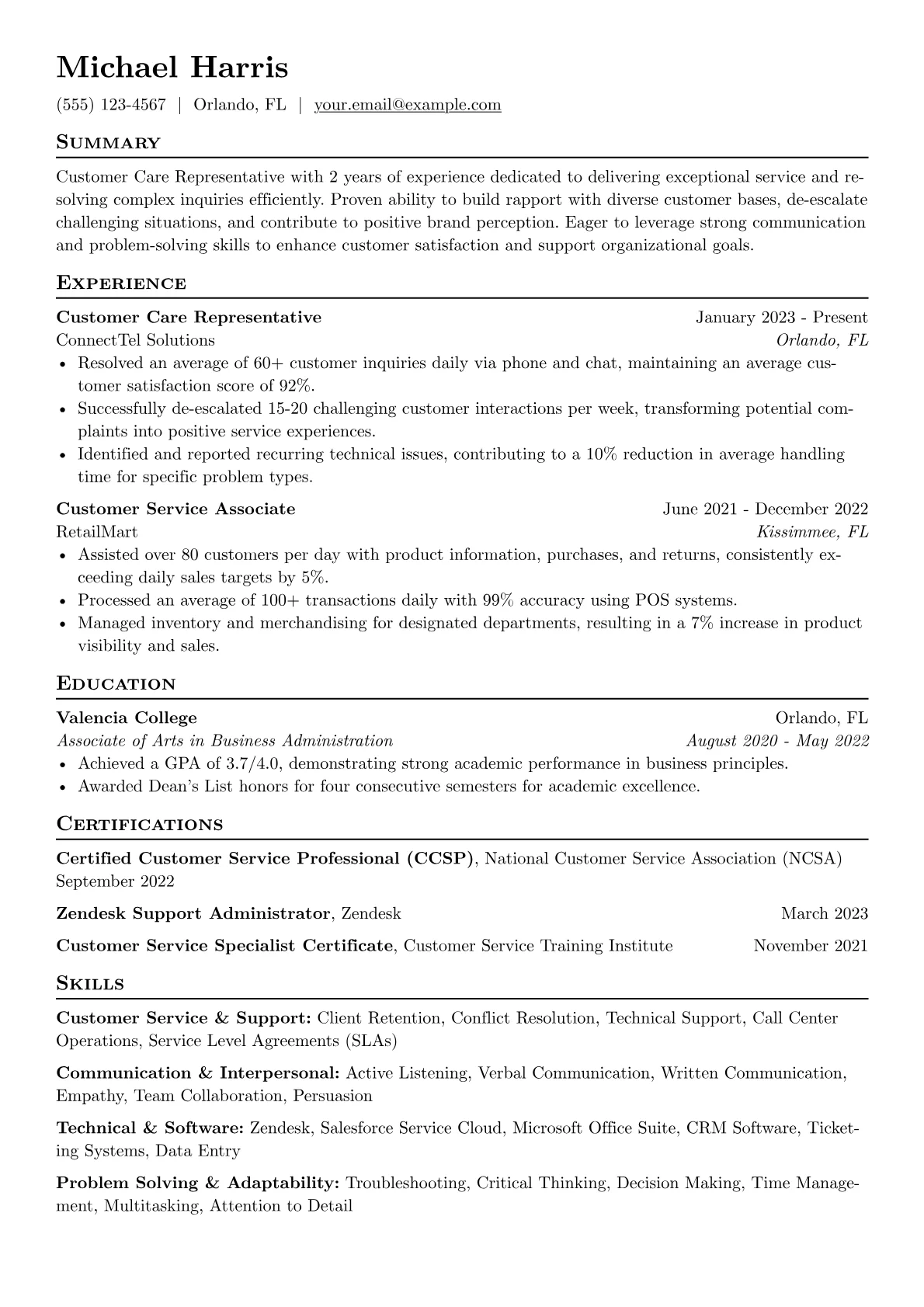 Customer Care Representative Resume Example CV template - Page 1