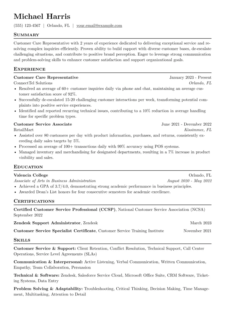 Customer Care Representative Resume Example CV template preview