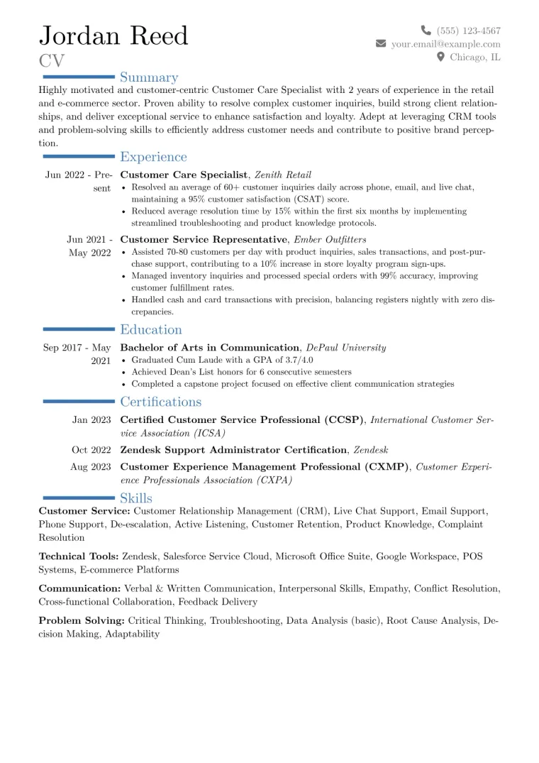 Customer Care Specialist Resume Example CV template preview