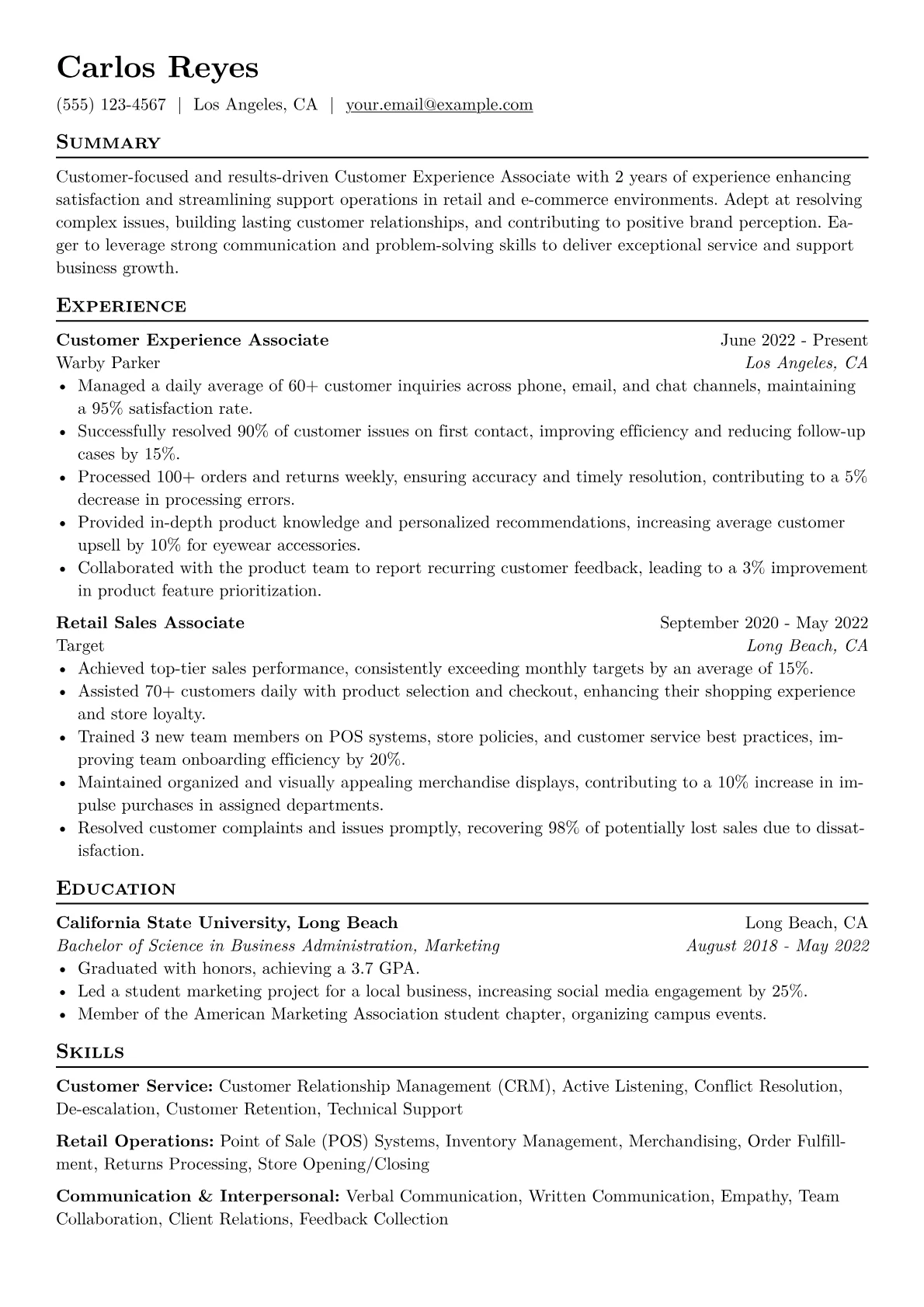 Customer Experience Associate Resume Example CV template - Page 1