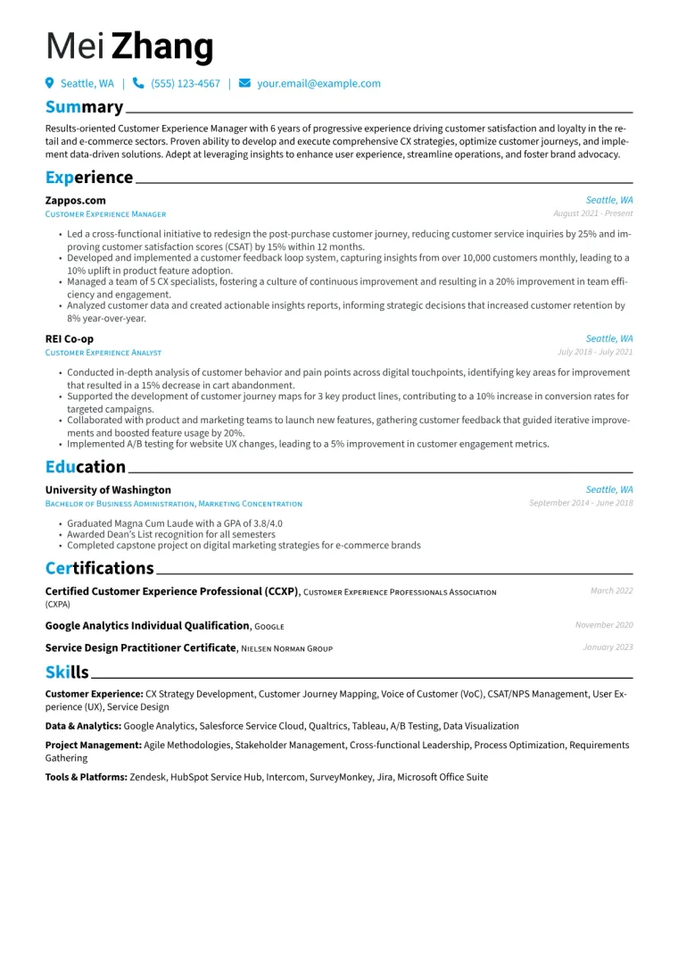 Customer Experience Manager Resume Example CV template preview