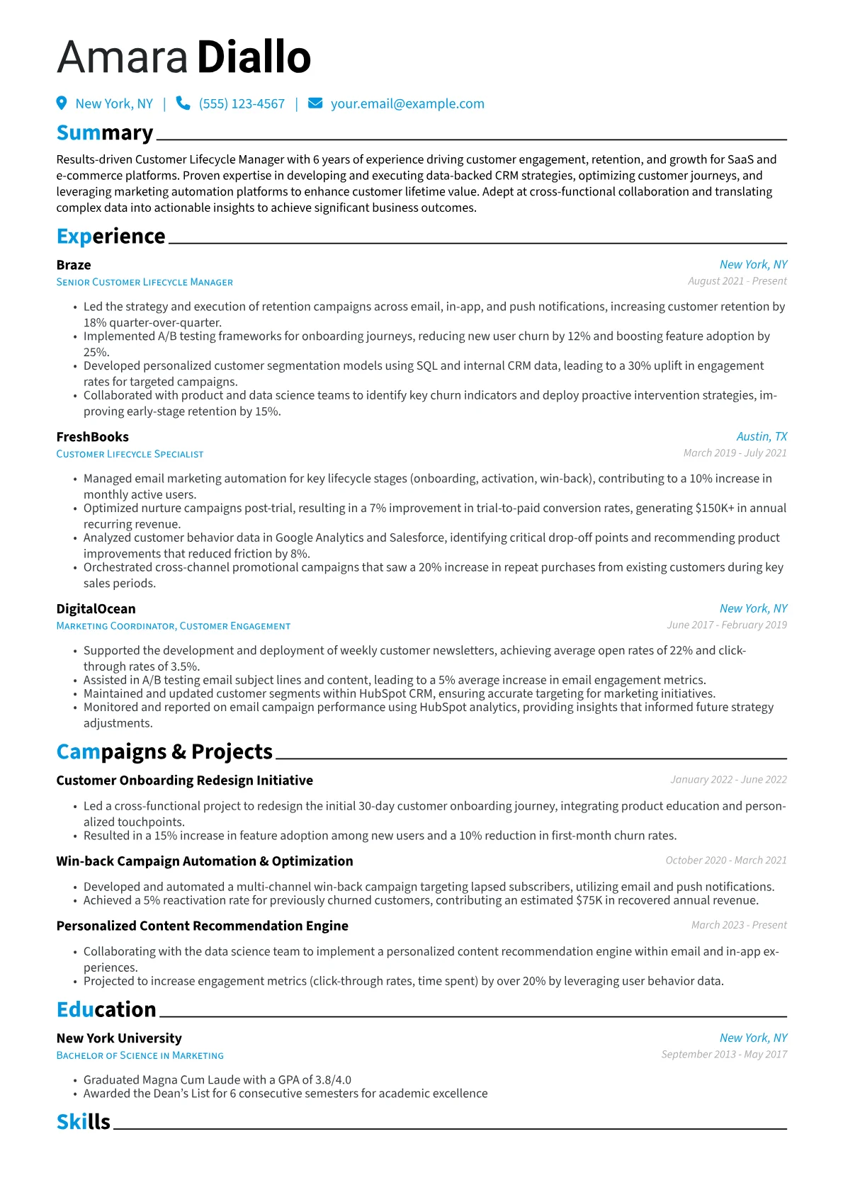 Customer Lifecycle Manager Resume Example CV template - Page 1