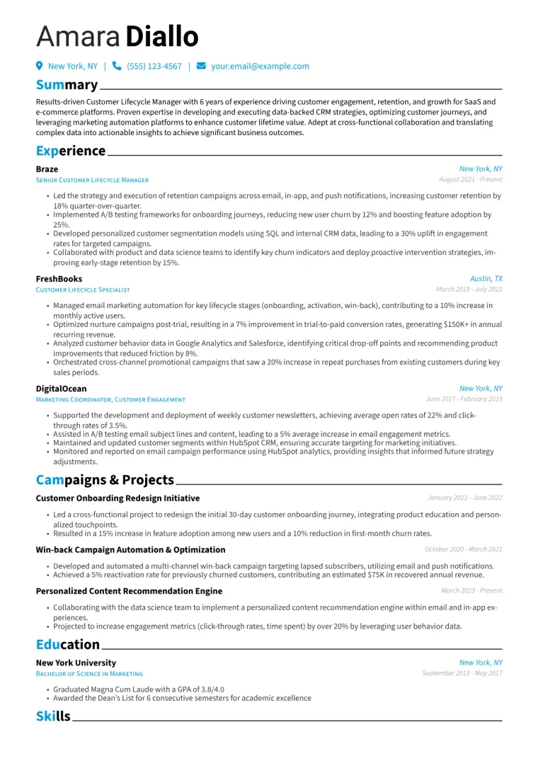 Customer Lifecycle Manager Resume Example CV template preview