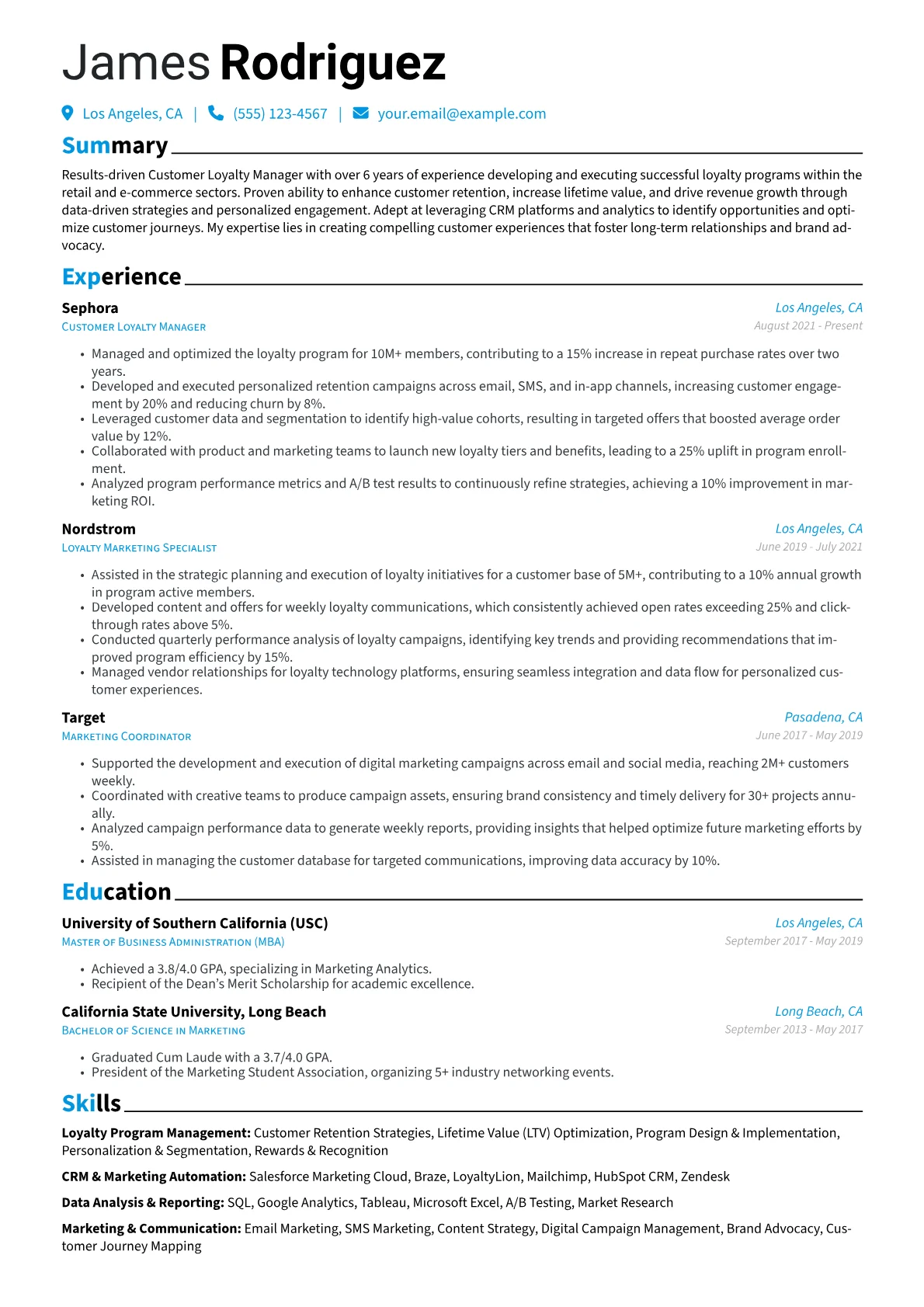 Customer Loyalty Manager Resume Example CV template - Page 1