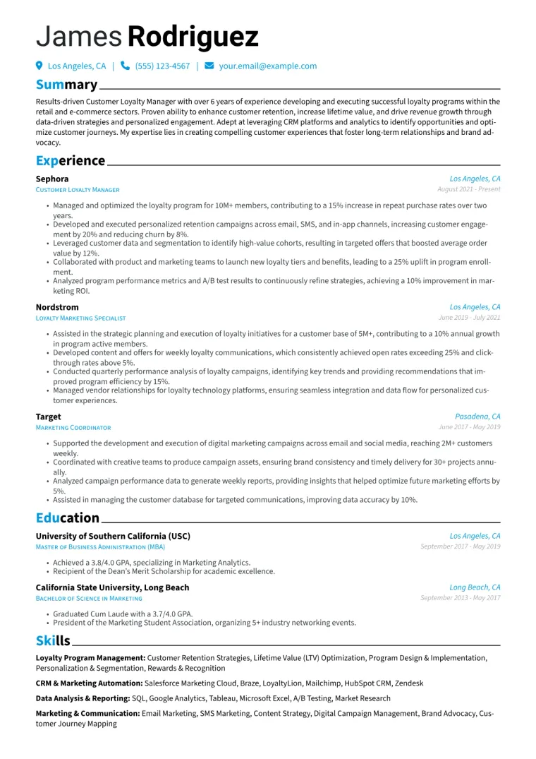 Customer Loyalty Manager Resume Example CV template preview