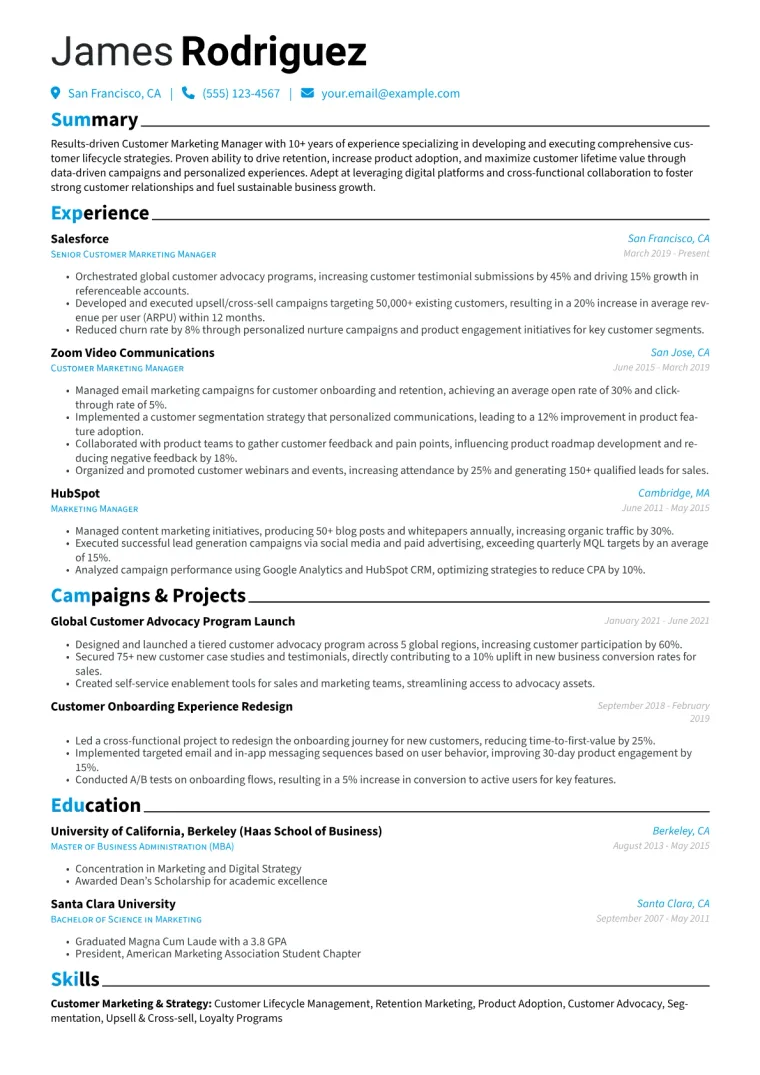 Customer Marketing Manager Resume Example CV template preview