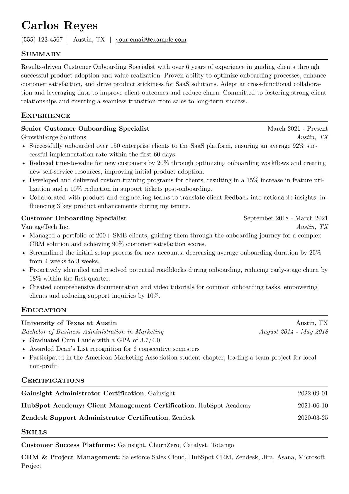 Customer Onboarding Specialist Resume Example CV template - Page 1