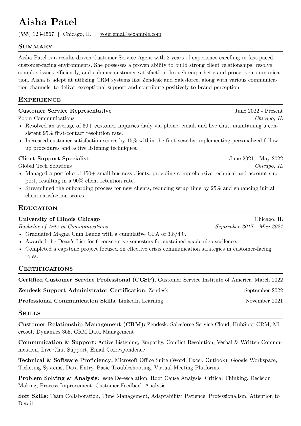Customer Service Agent Resume Example CV template - Page 1