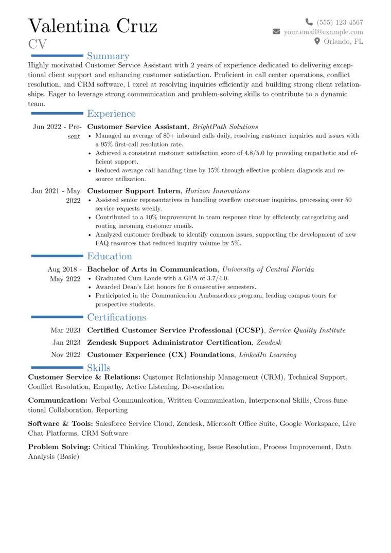 Customer Service Assistant Resume Example CV template preview