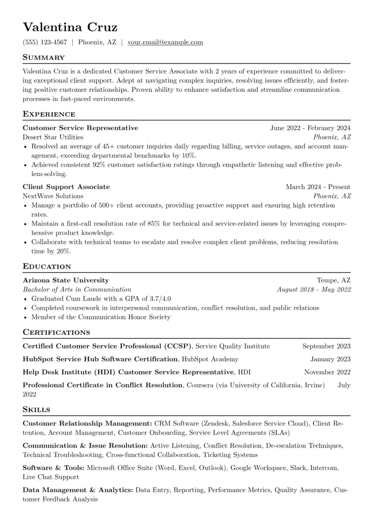 Customer Service Associate Resume Example CV template preview