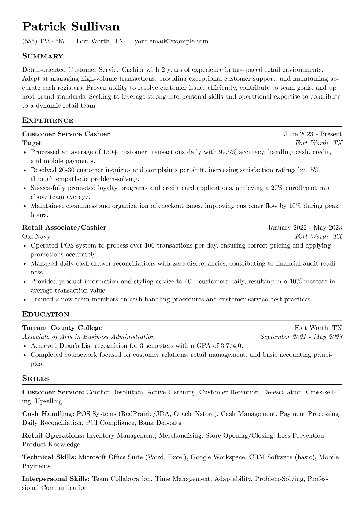 Customer Service Cashier Resume Example CV template - Page 1