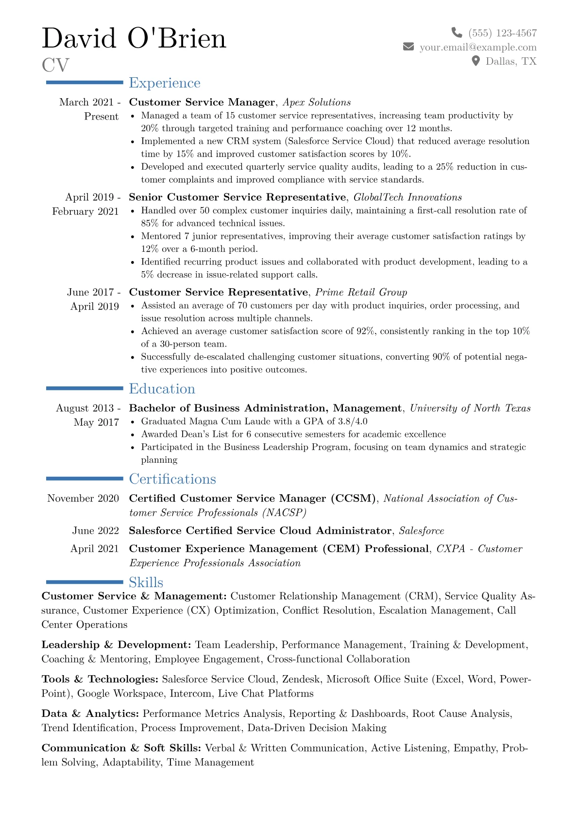 Customer Service Manager Resume Example CV template - Page 1