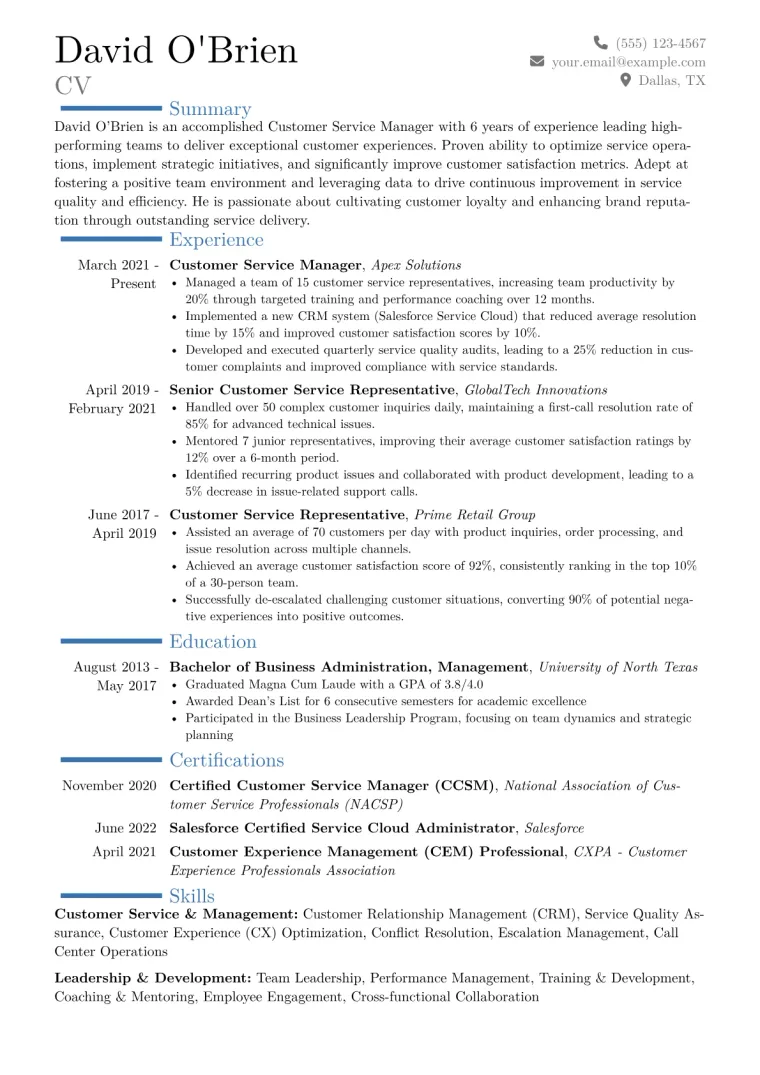 Customer Service Manager Resume Example CV template preview