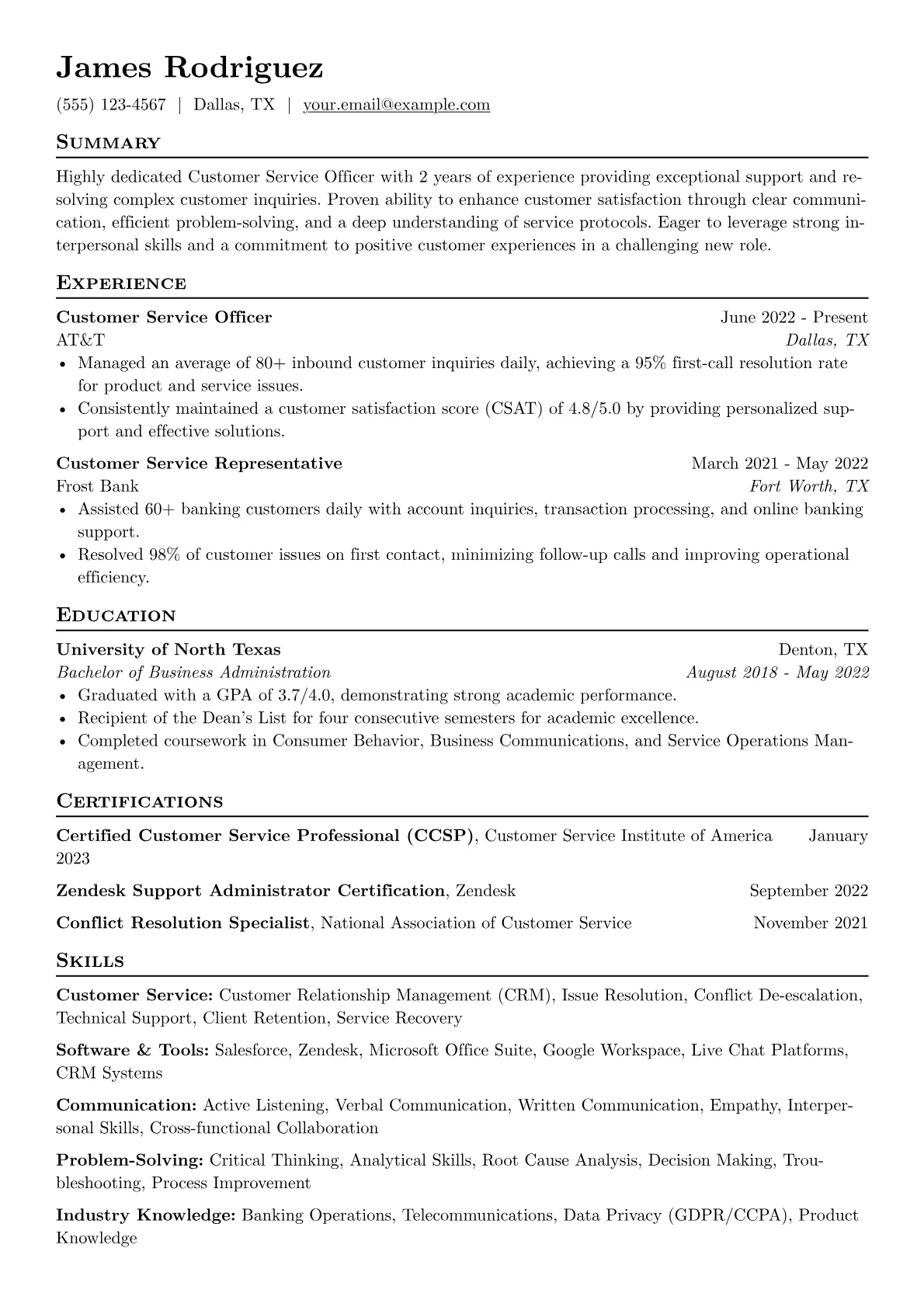 Customer Service Officer Resume Example CV template - Page 1