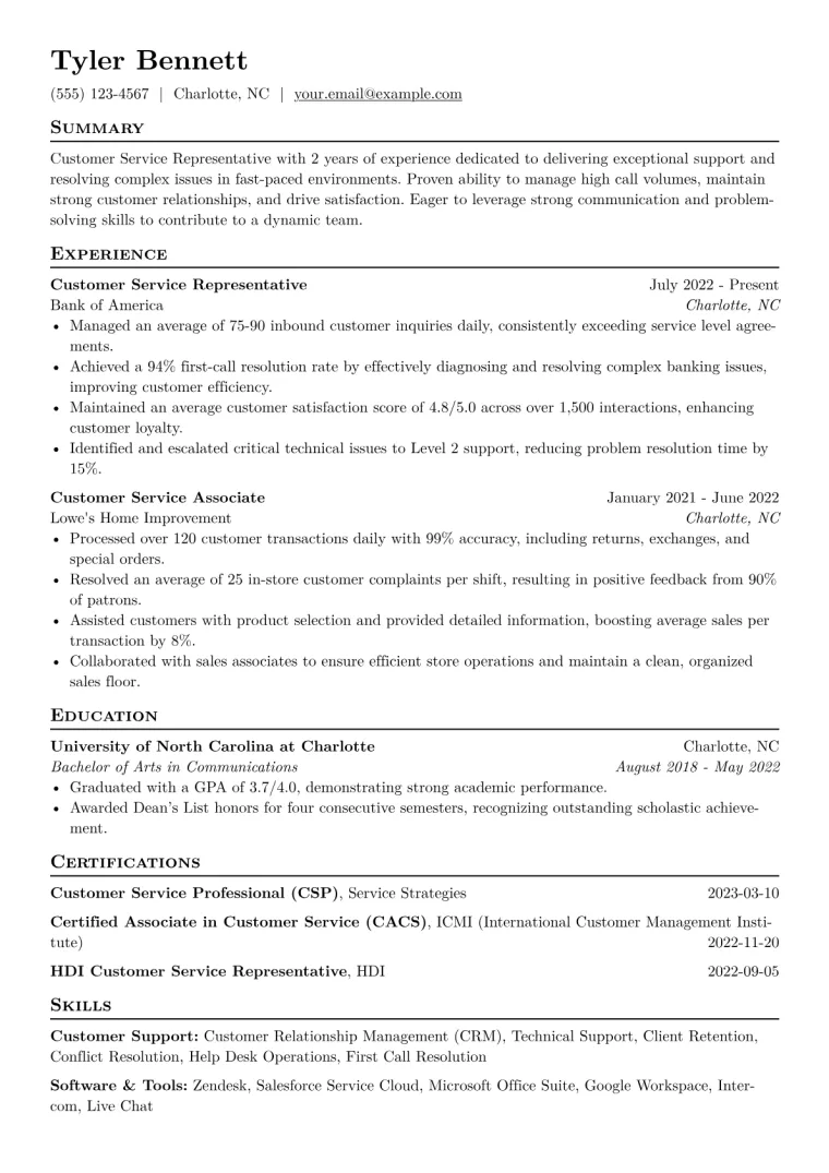 Customer Service Representative Resume Example CV template preview
