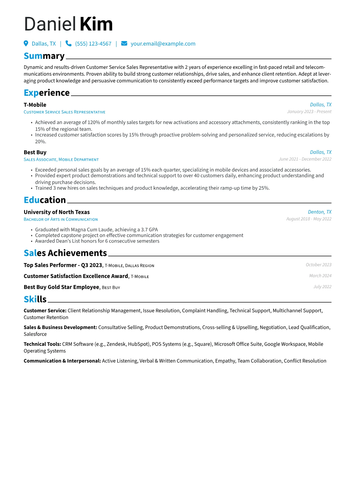 Customer Service Sales Representative Resume Example CV template - Page 1