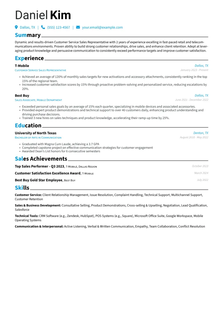 Customer Service Sales Representative Resume Example CV template preview