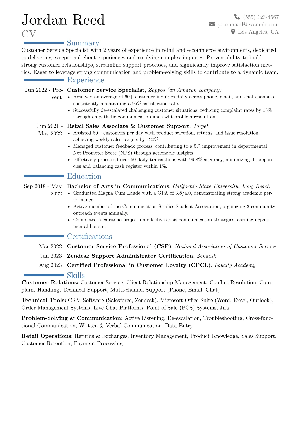 Customer Service Specialist Resume Example CV template - Page 1
