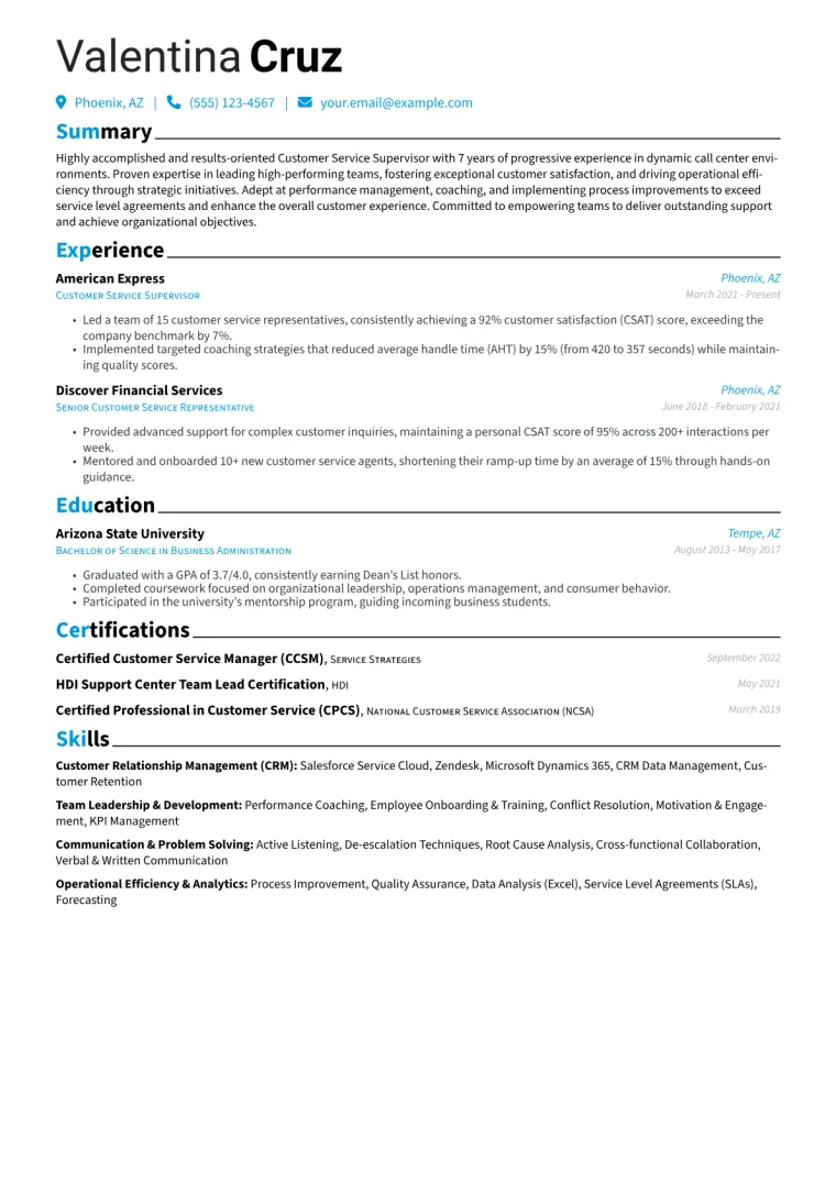 Customer Service Supervisor Resume Example CV template preview