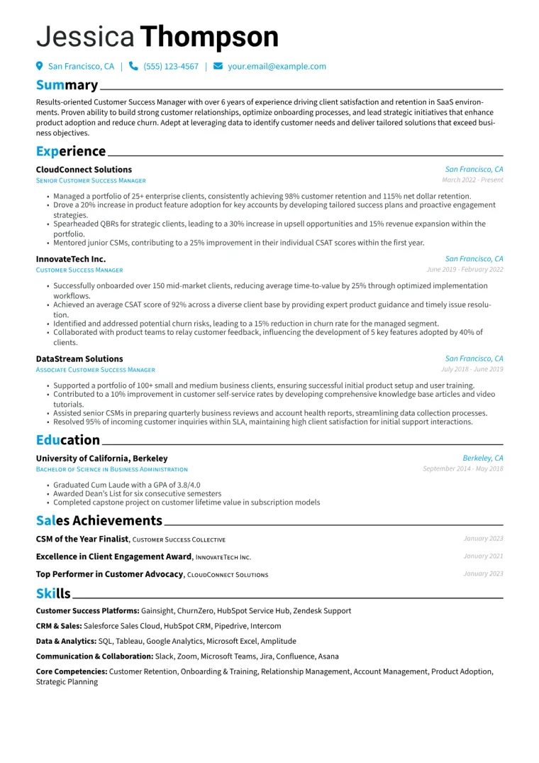 Customer Success Manager Resume Example CV template preview