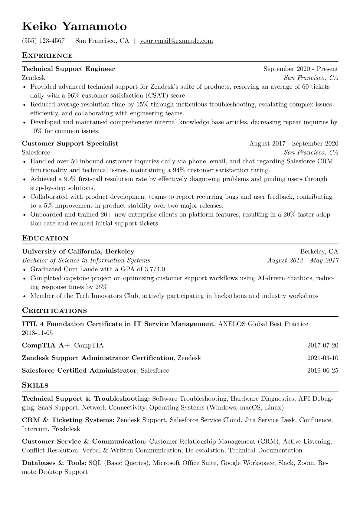 Customer Support Specialist Resume Example CV template - Page 1