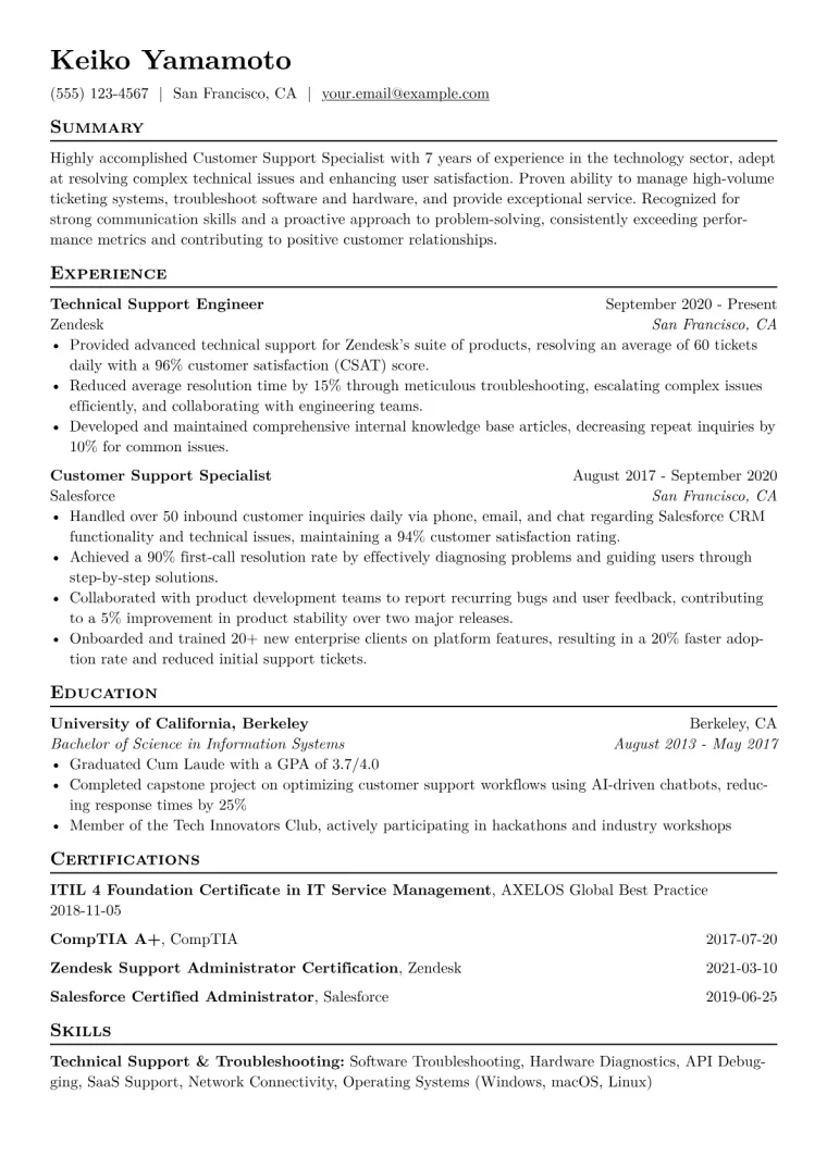 Customer Support Specialist Resume Example CV template preview
