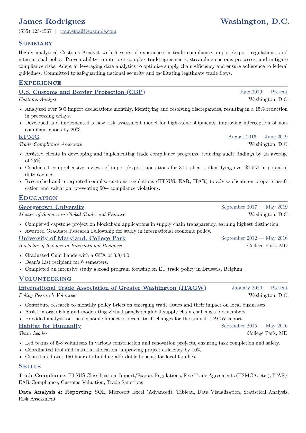 Customs Analyst Resume Example CV template - Page 1