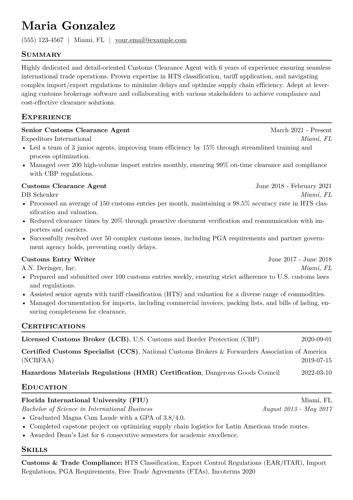 Customs Clearance Agent Resume Example CV template - Page 1