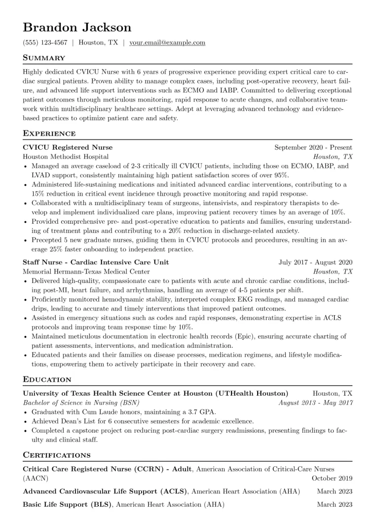 CVICU Nurse Resume Example CV template preview