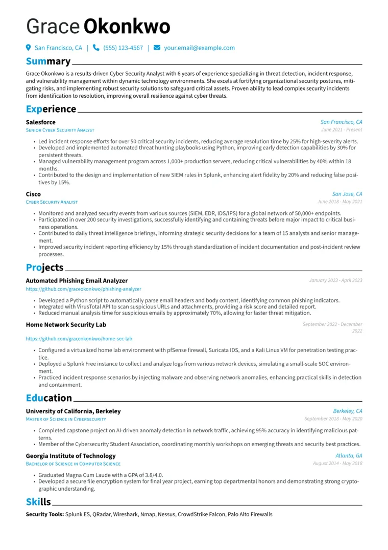 Cyber Security Analyst Resume Example CV template preview