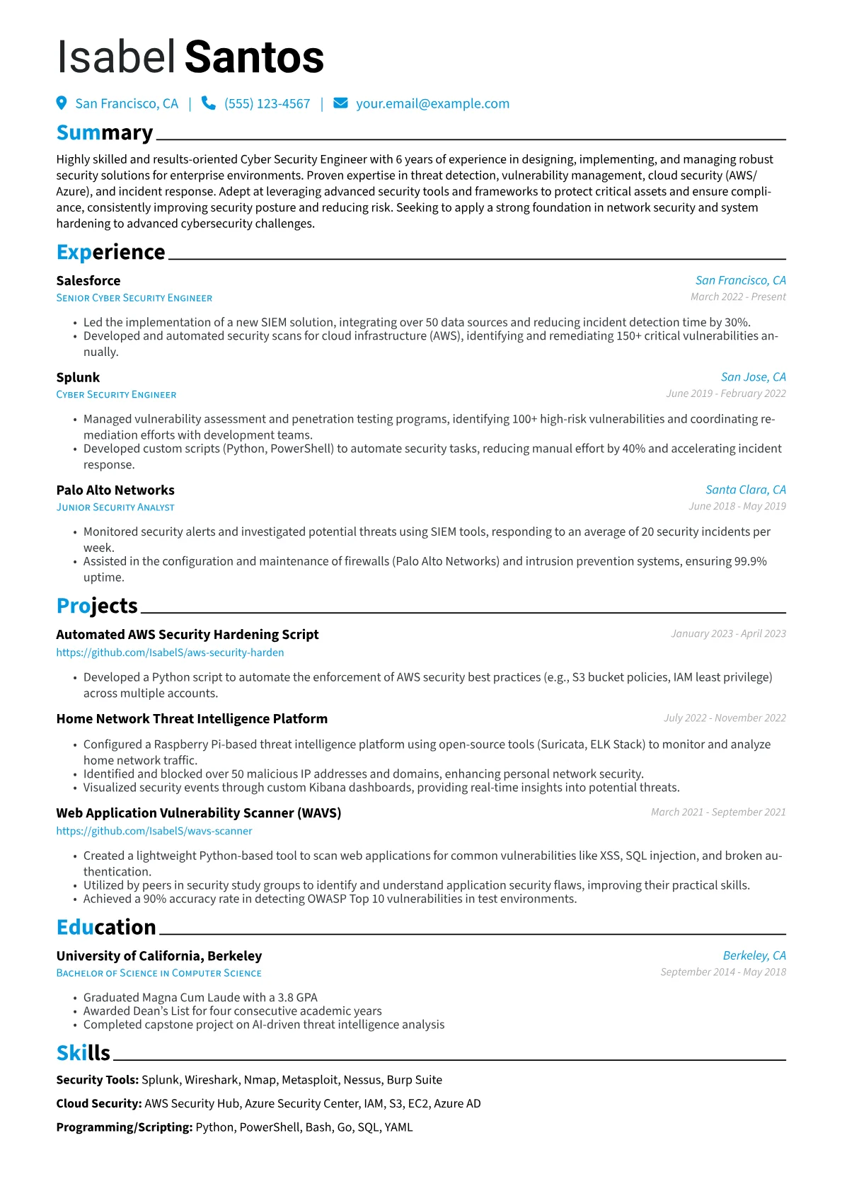 Cyber Security Engineer Resume Example CV template - Page 1