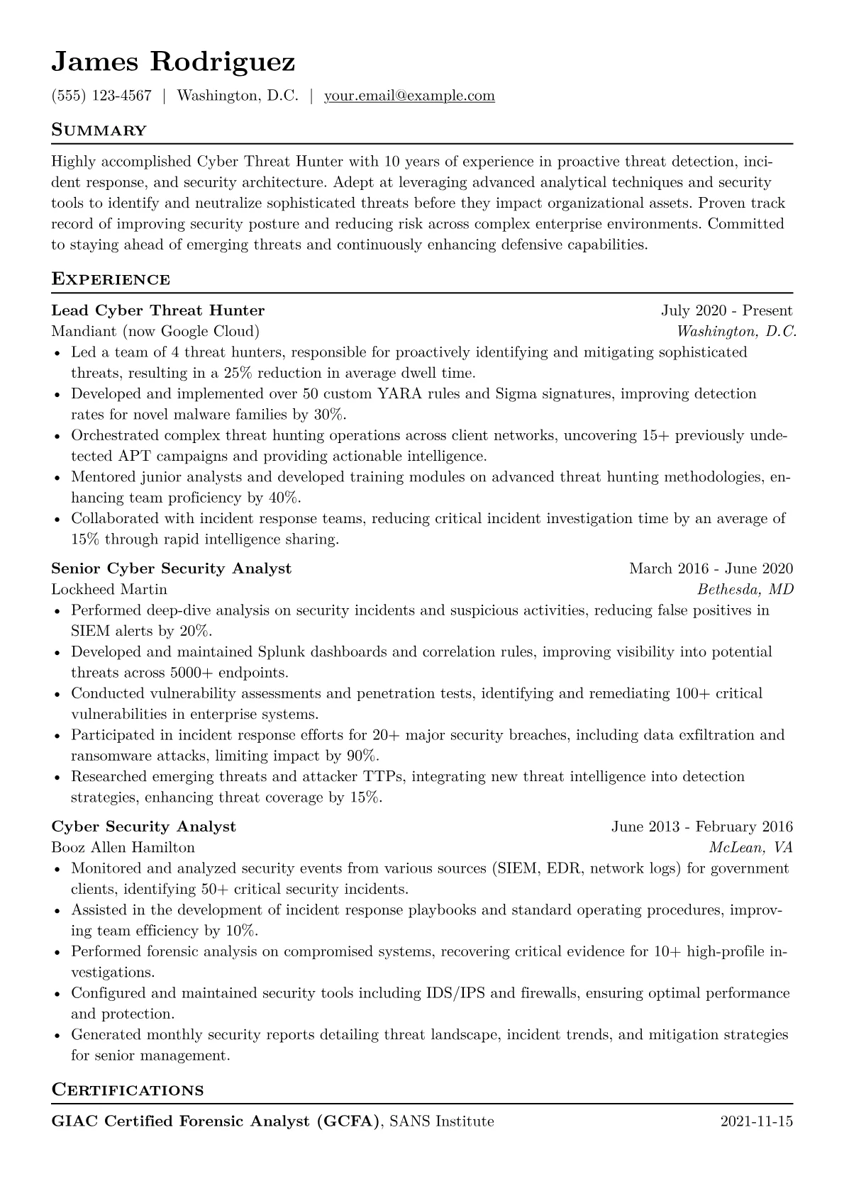 Cyber Threat Hunter Resume Example CV template - Page 1