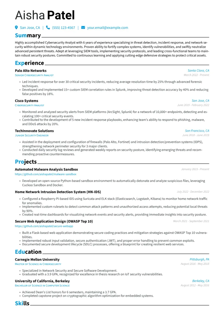 Cybersecurity Analyst Resume Example CV template preview