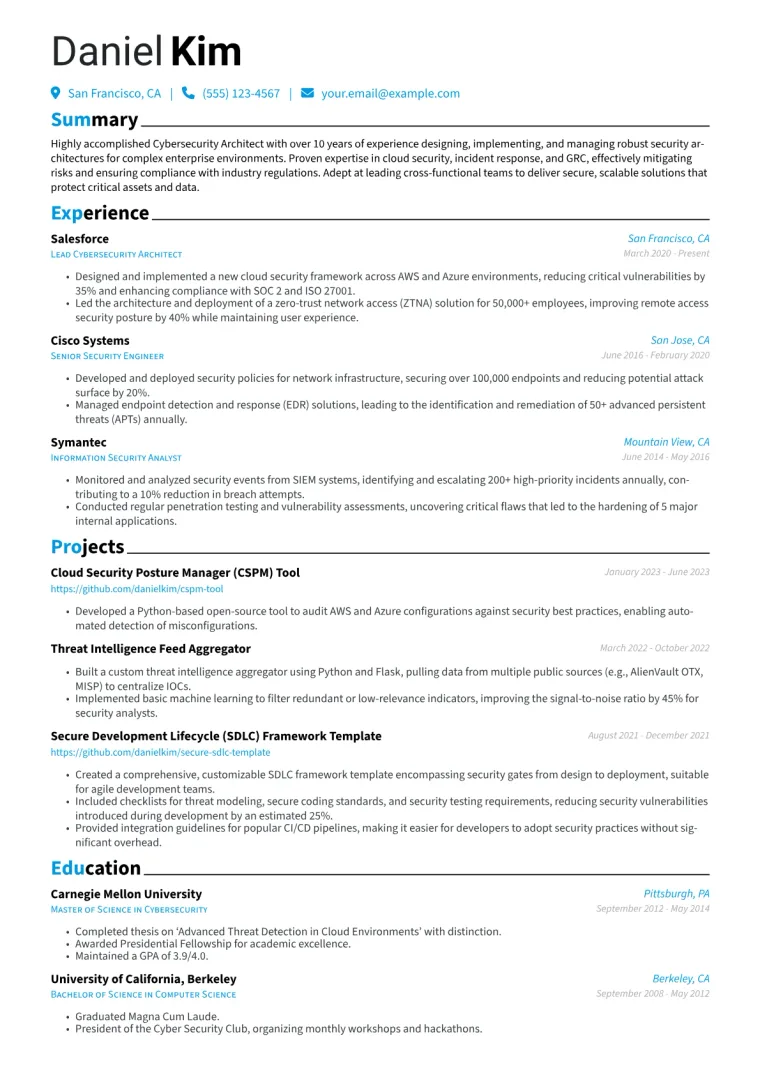 Cybersecurity Architect Resume Example CV template preview