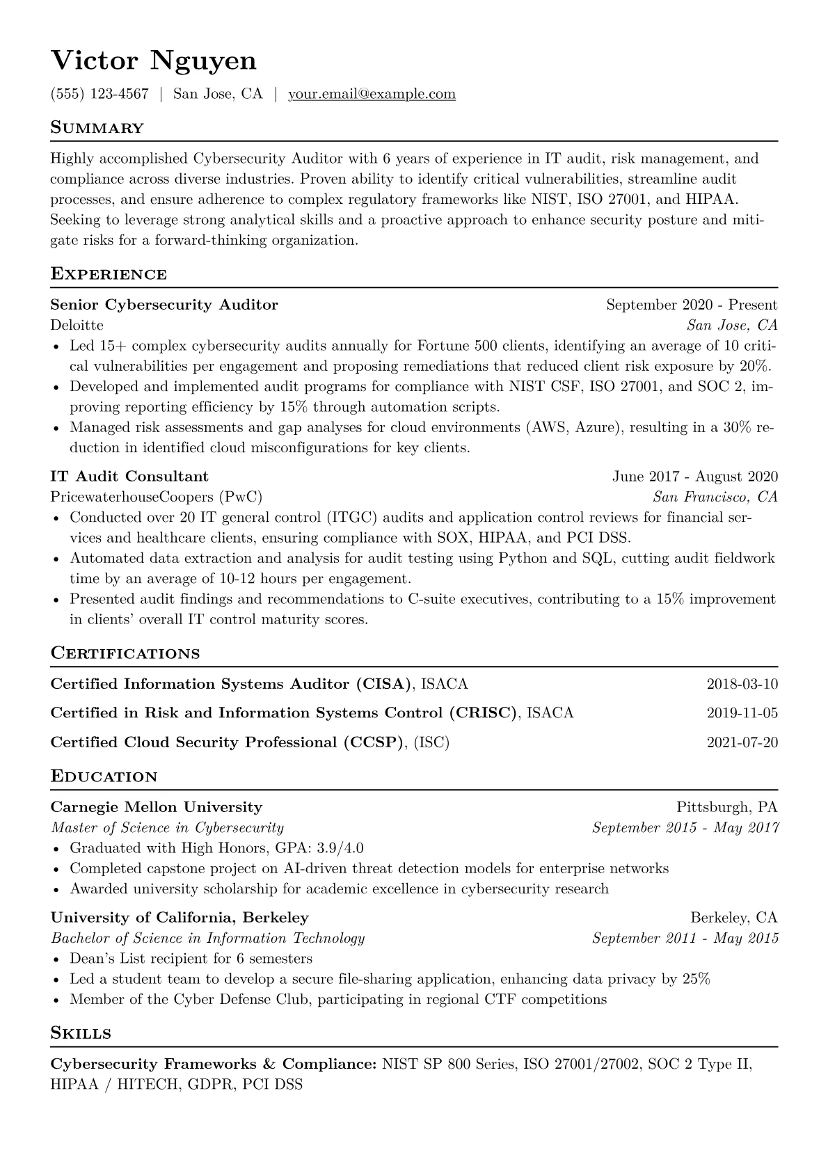 Cybersecurity Auditor Resume Example CV template - Page 1