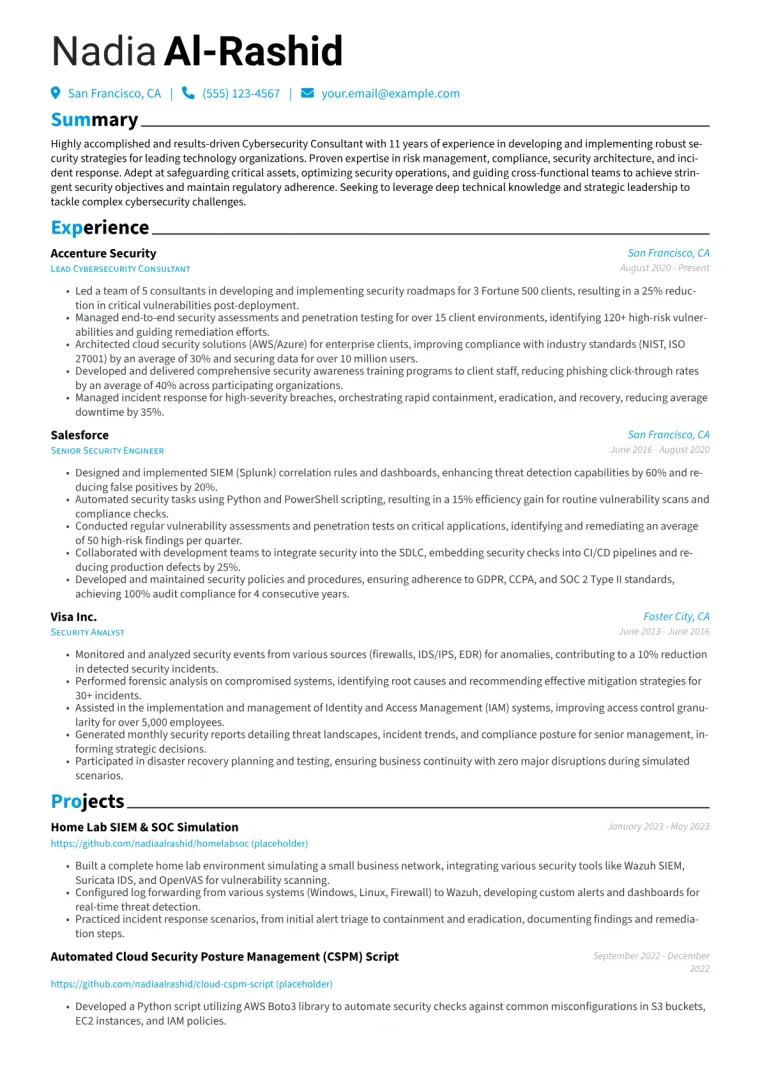 Cybersecurity Consultant Resume Example CV template preview