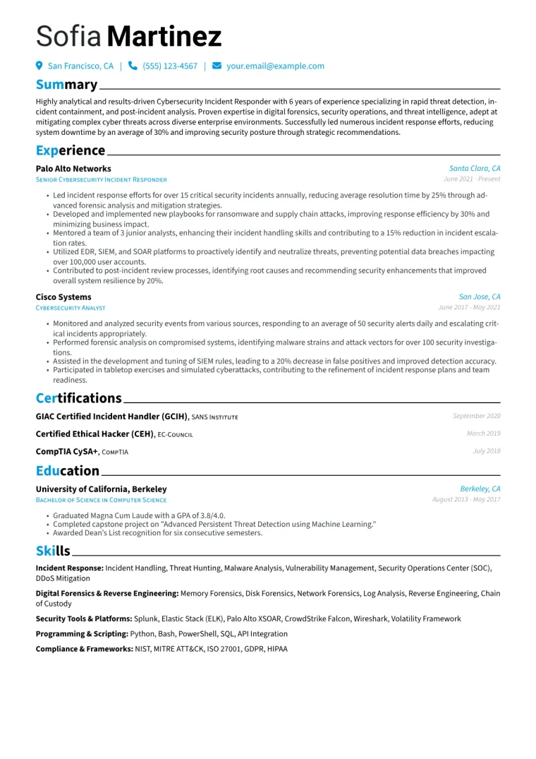 Cybersecurity Incident Responder Resume Example CV template preview