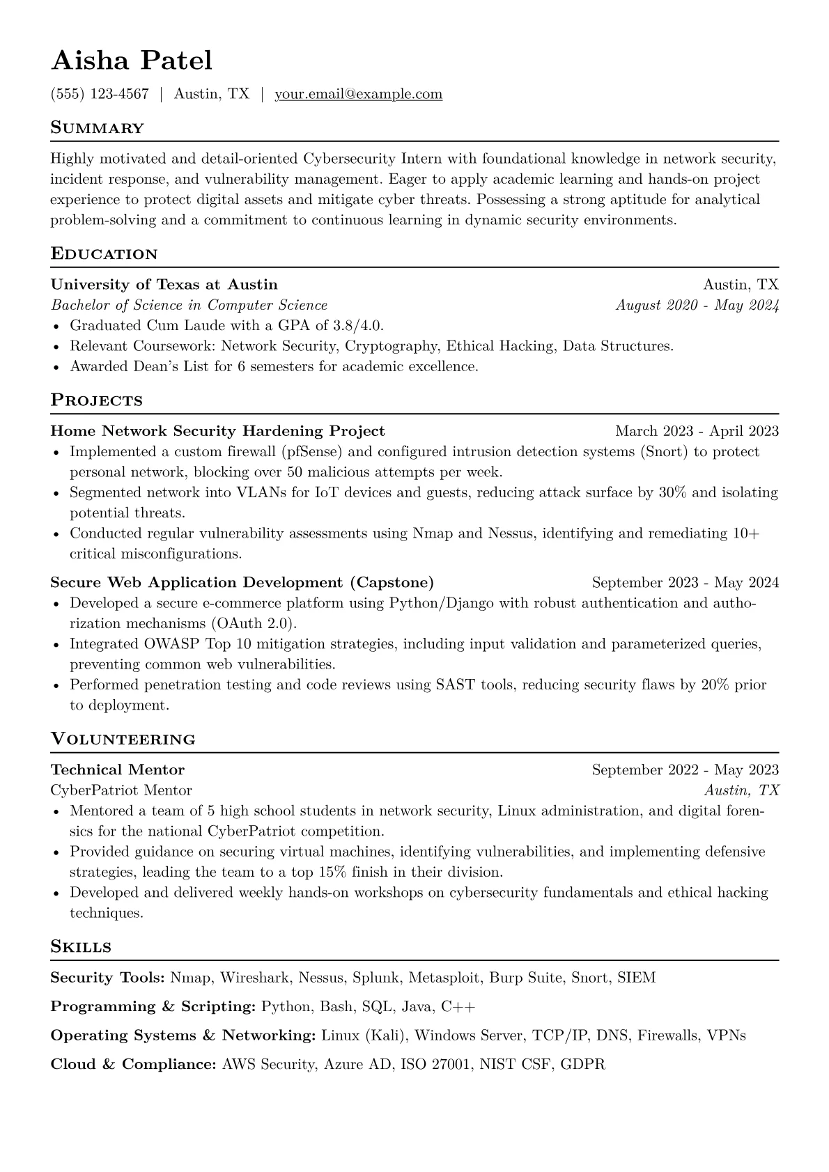 Cybersecurity Intern Resume Example CV template - Page 1
