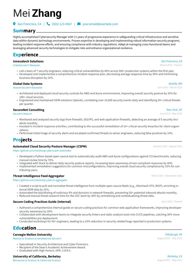 Cybersecurity Manager Resume Example CV template preview