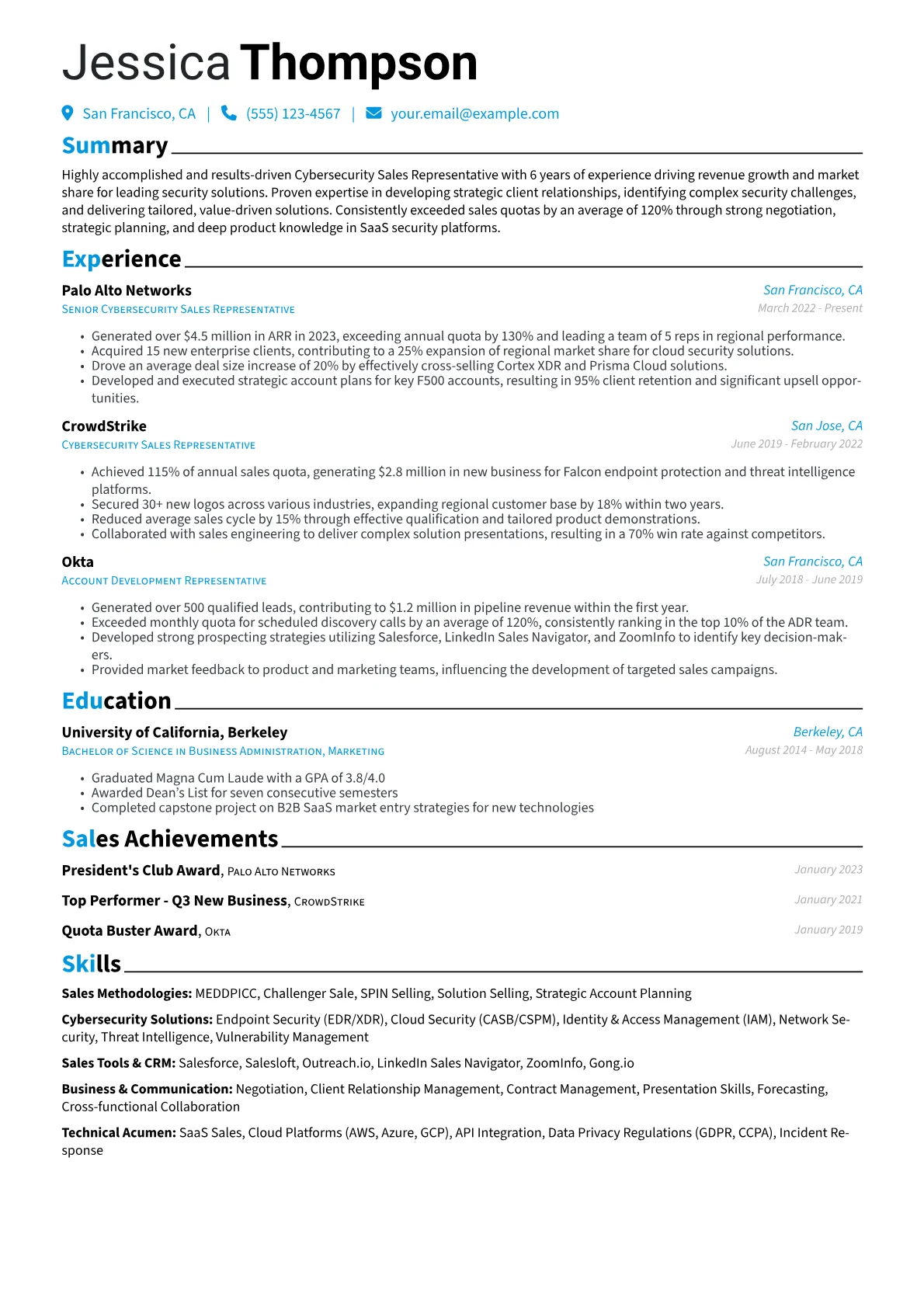 Cybersecurity Sales Representative Resume Example CV template - Page 1