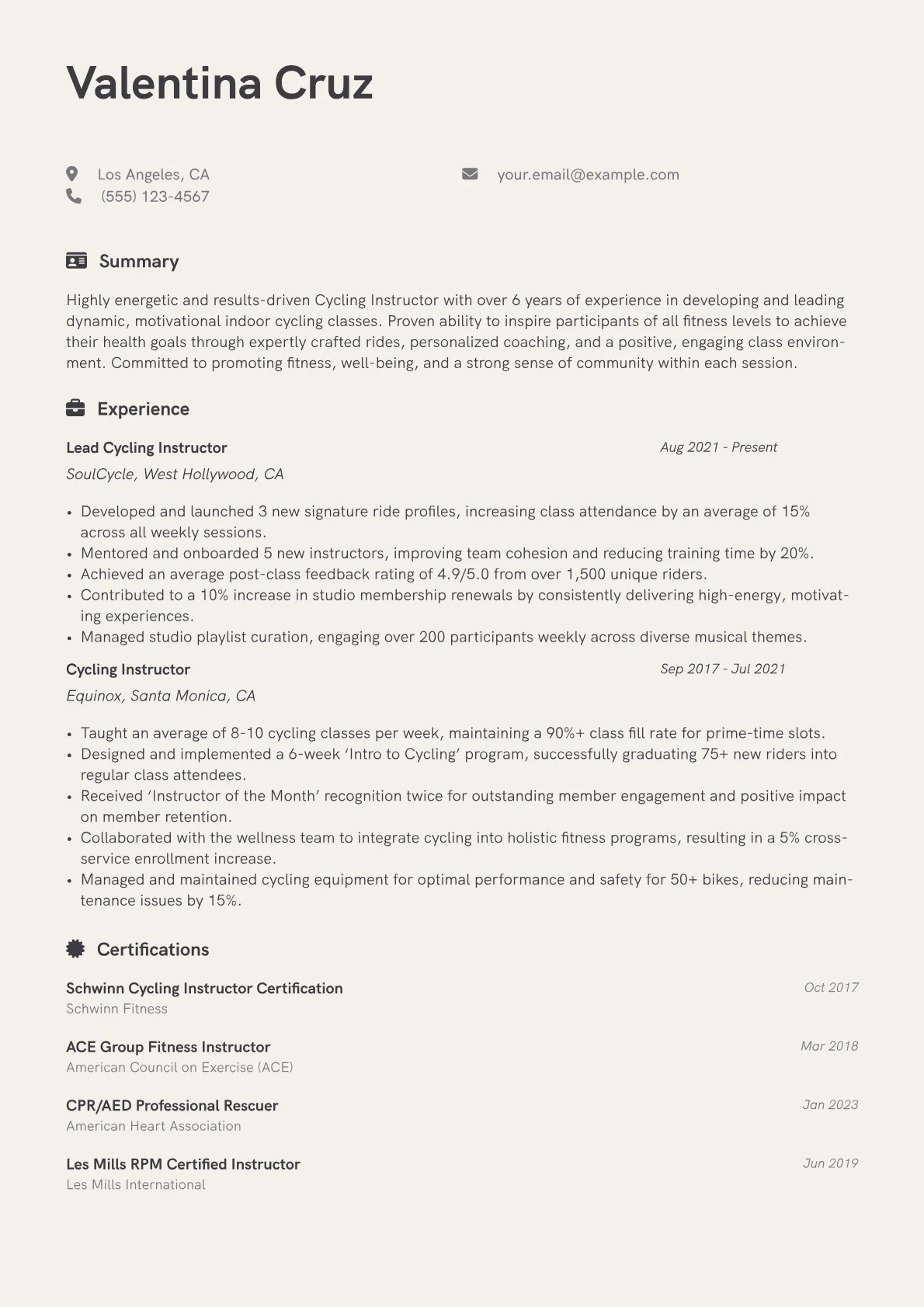 Cycling Instructor Resume Example CV template - Page 1