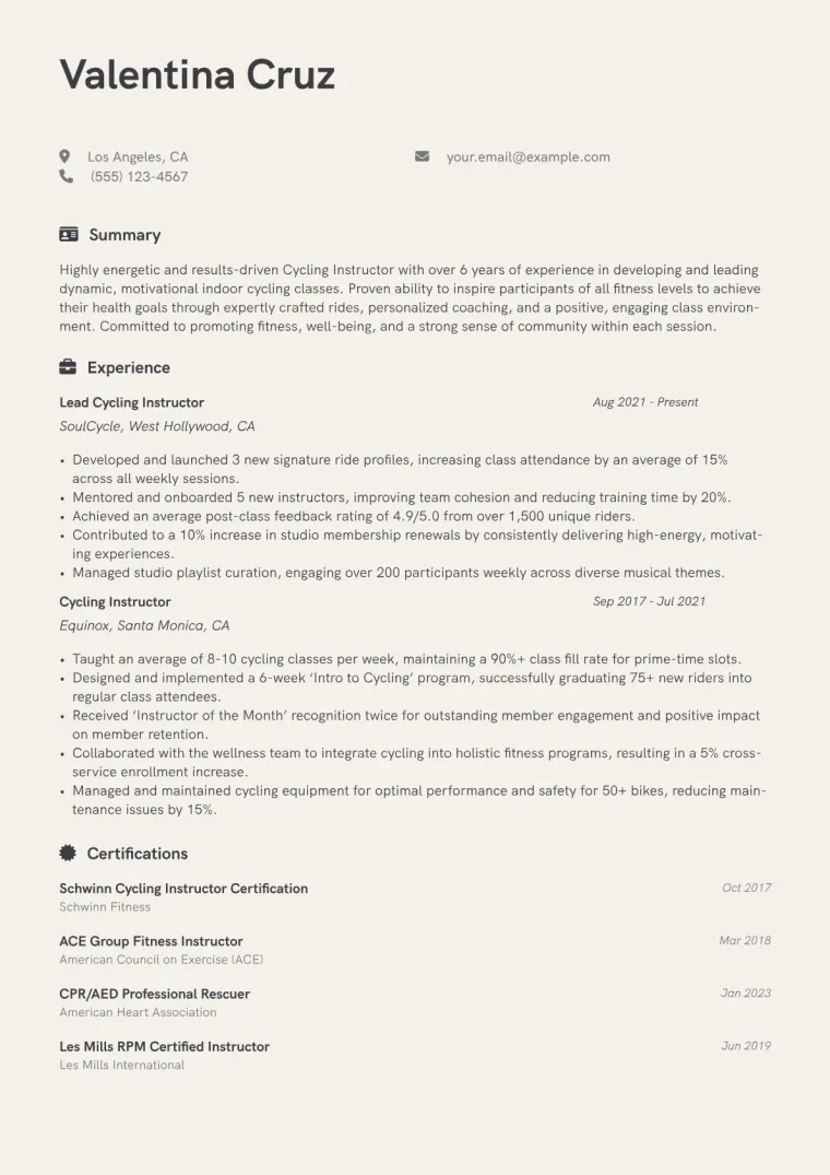 Cycling Instructor Resume Example CV template preview